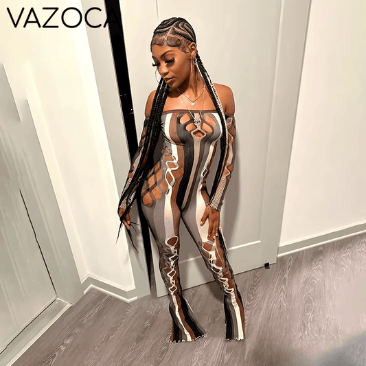 Mesh Striped Hollow Jumpsuit
