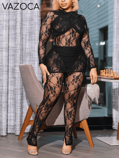 Floral Lace Mesh Top & Bodycon Pants Set