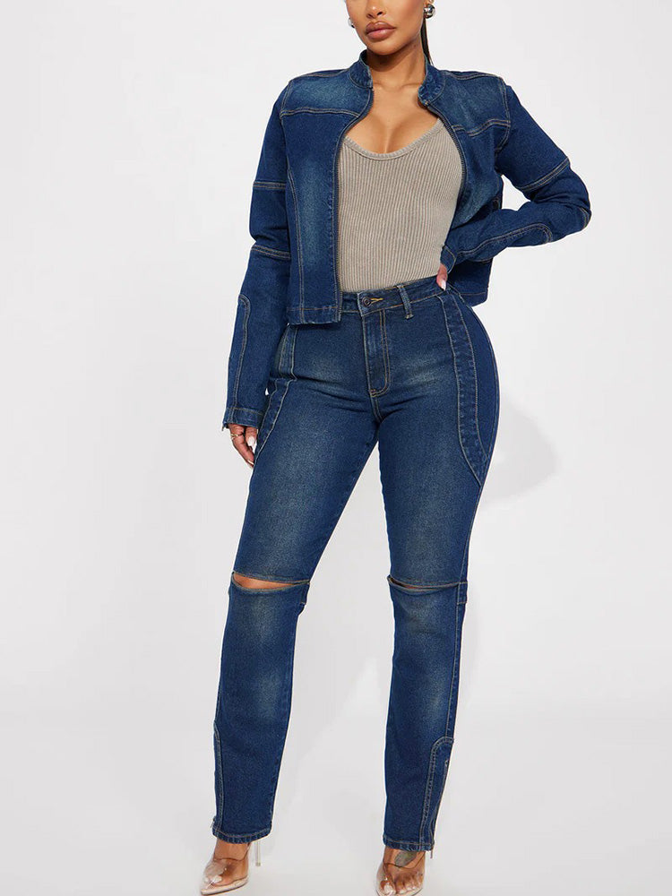 Denim Cropped Jacket & Cutout Jeans Set