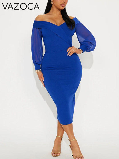 Off Shoulder Mesh Sleeve Midi Dress