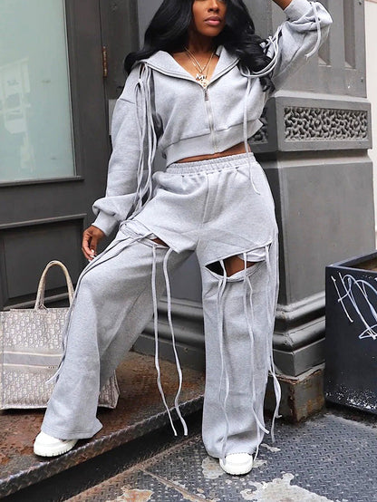 String Hoodie Jacket & Cutout Pants Set