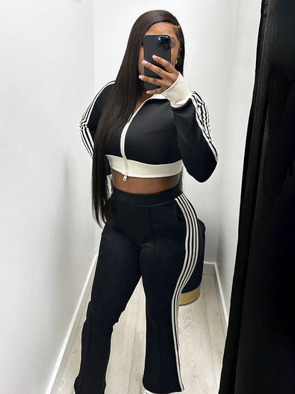 Striped Trim Zip Cropped Jacket & Pants Set