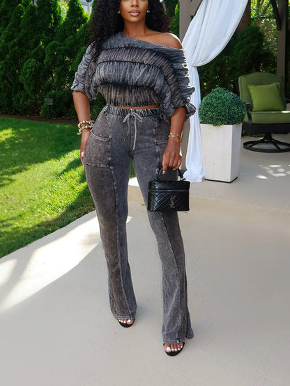 Washed Ruched Top & Flared Pants Set