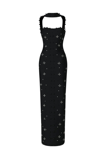 Pearl Embellished Halter Maxi Dress