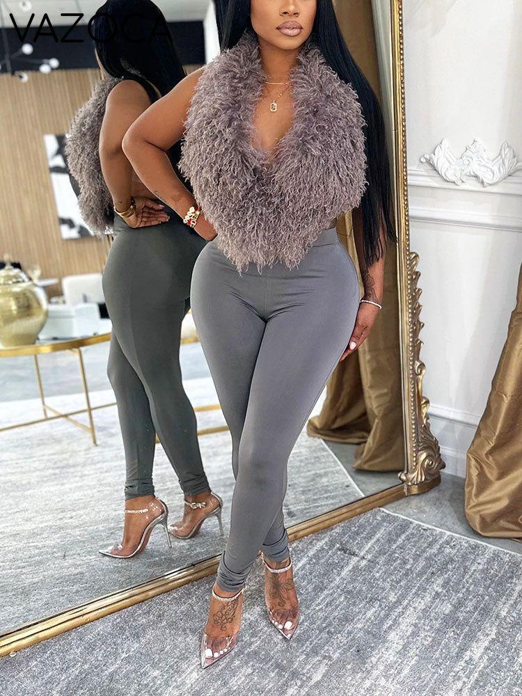 Fur Halter Vest & Leggings Set Gray