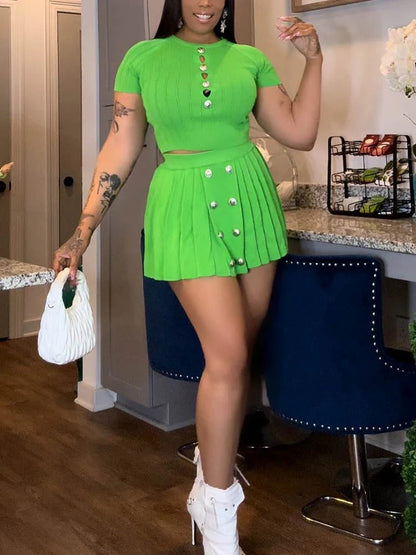Knit Top Mini Pleated Skirt Set