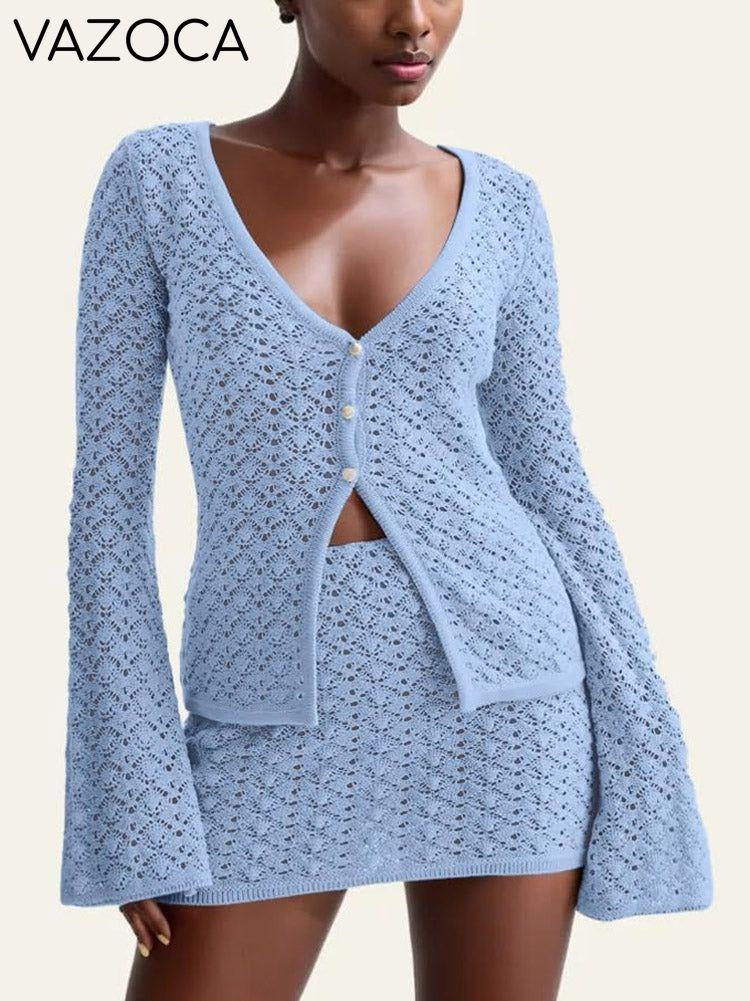 Crochet Knit Top Skirt Set