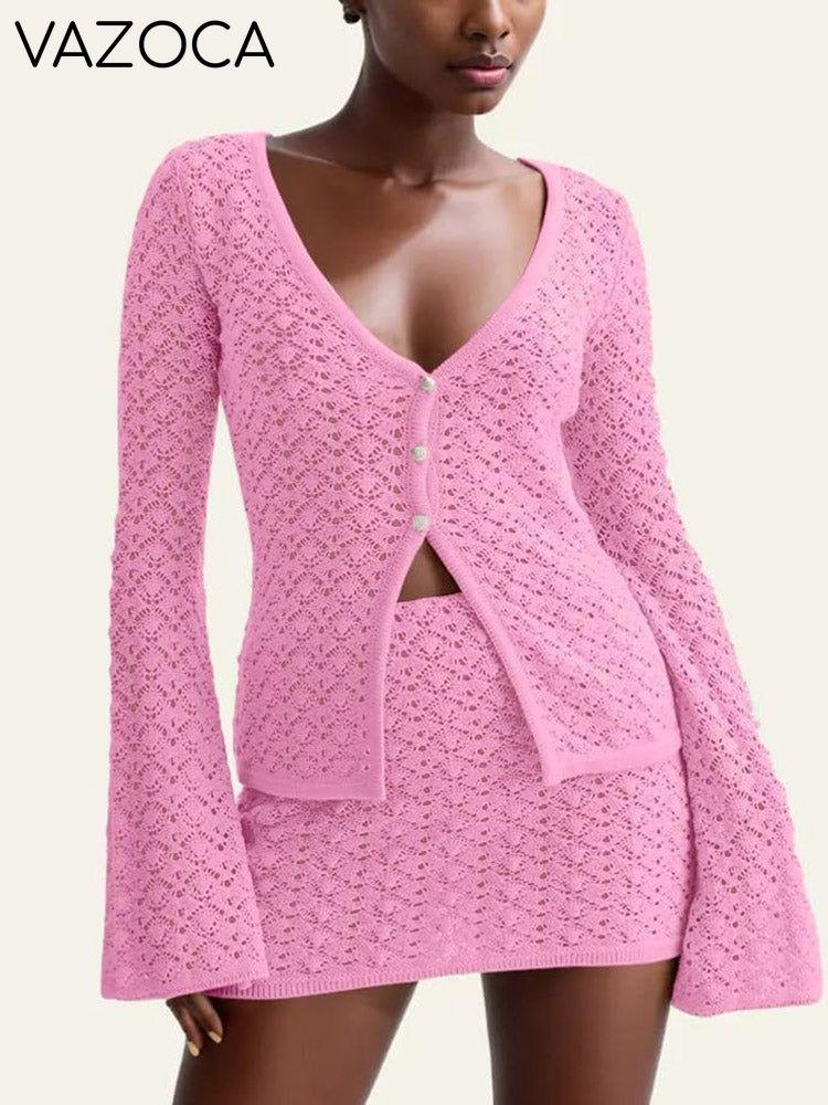 Crochet Knit Top Skirt Set