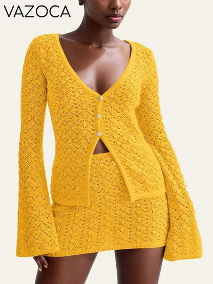 Crochet Knit Top Skirt Set