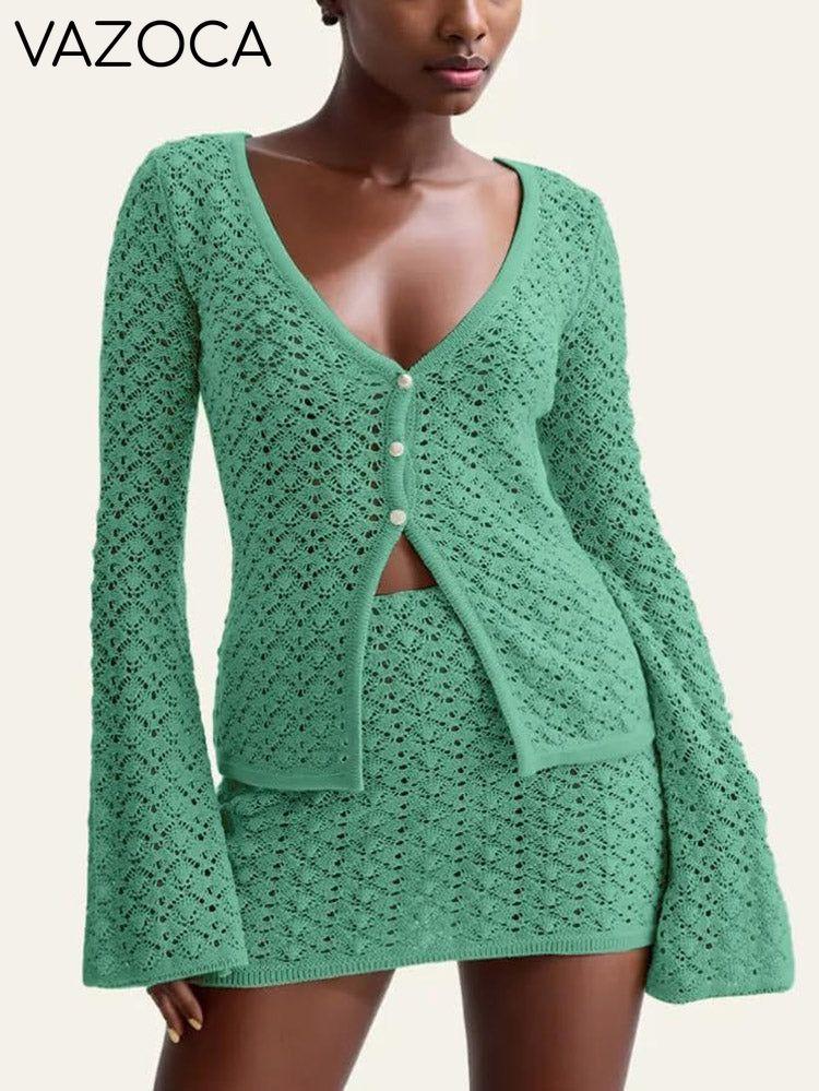 Crochet Knit Top Skirt Set