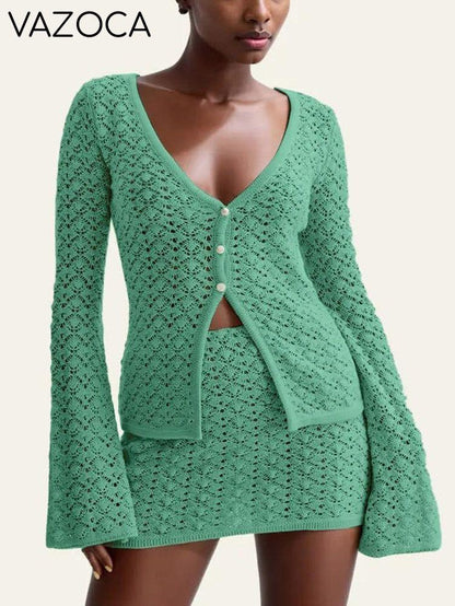 Crochet Knit Top Skirt Set
