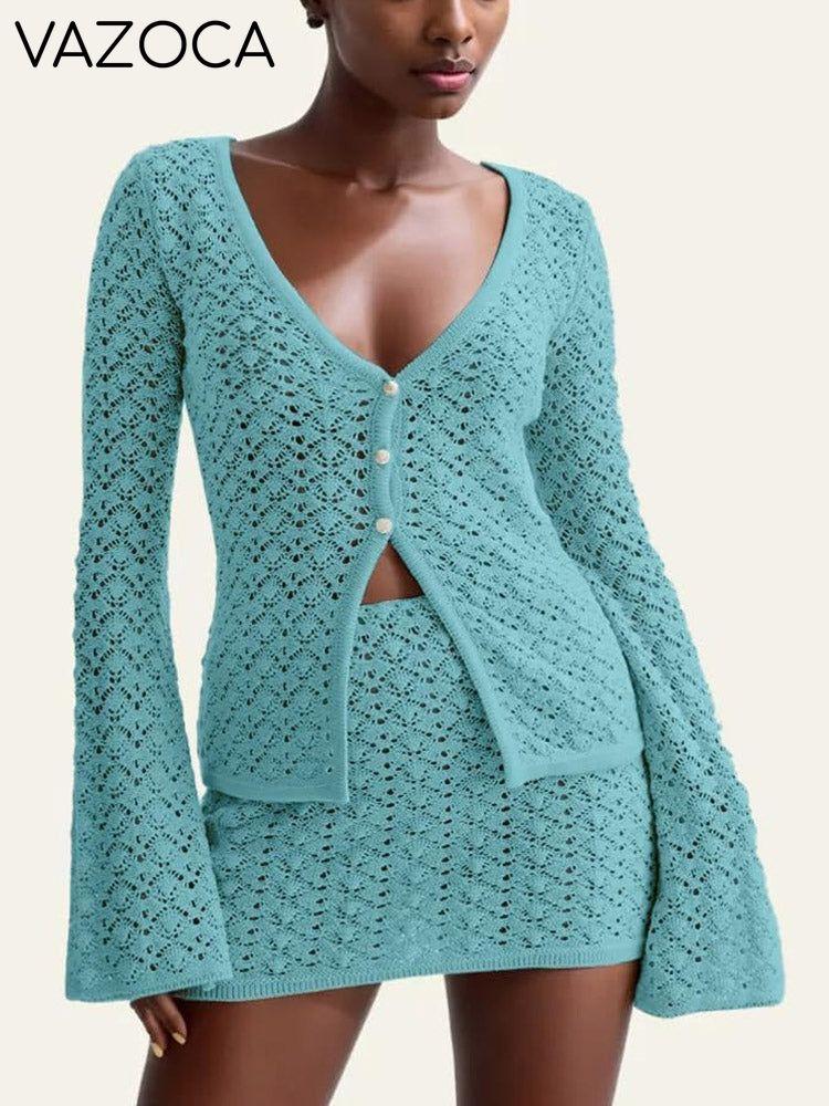Crochet Knit Top Skirt Set