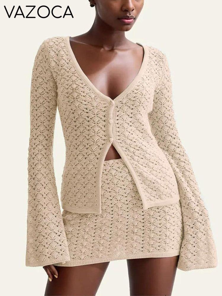 Crochet Knit Top Skirt Set