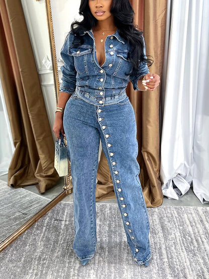 Full Button Denim Jacket & Jeans Set