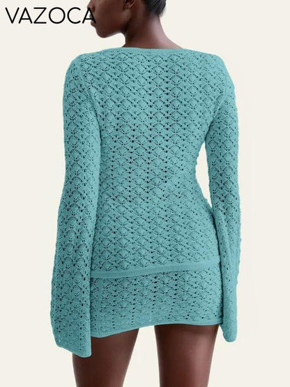 Crochet Knit Top Skirt Set