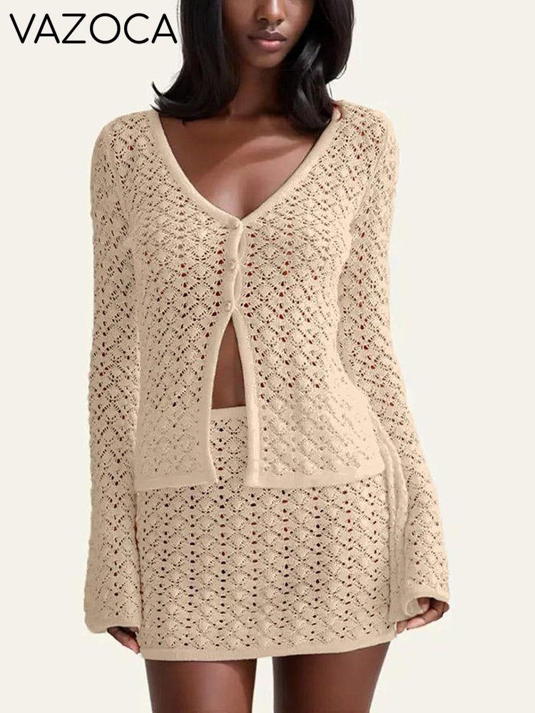 Crochet Knit Top Skirt Set