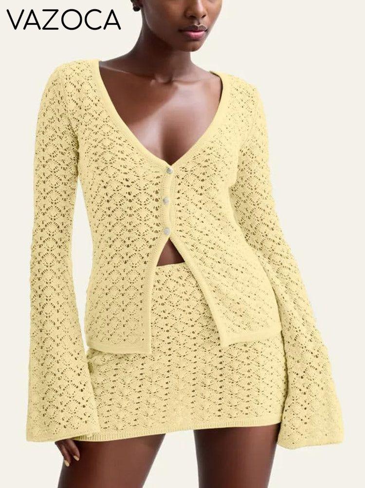 Crochet Knit Top Skirt Set