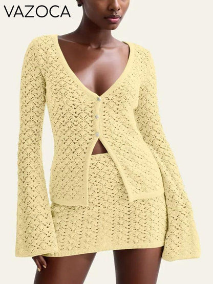 Crochet Knit Top Skirt Set