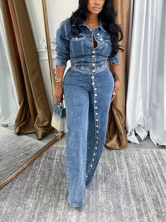 Full Button Denim Jacket & Jeans Set