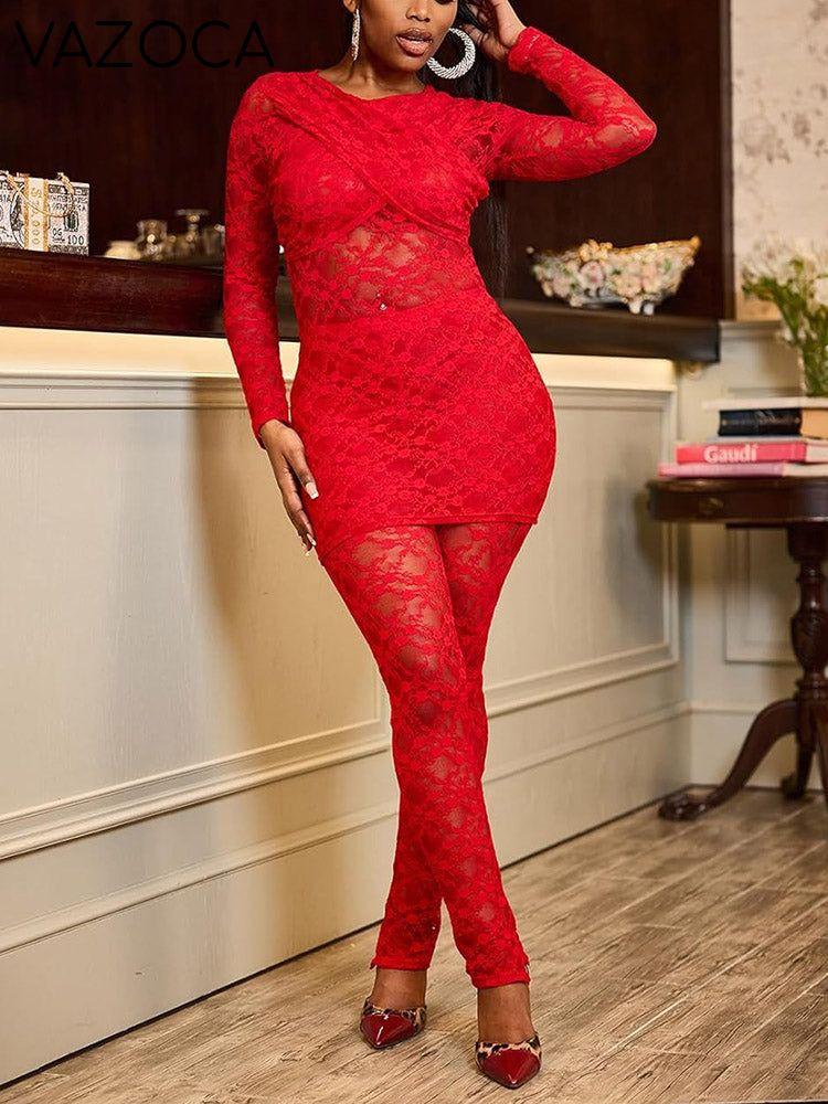 Floral Lace Mesh Top & Bodycon Pants Set