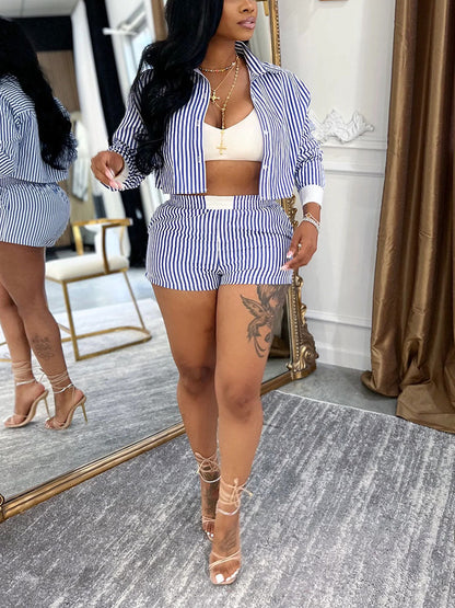 Chic Striped Cropped Shirt & Shorts Set