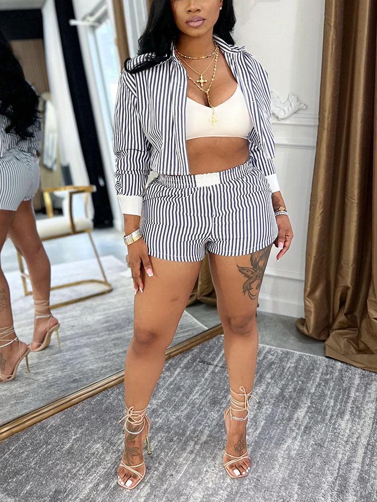Chic Striped Cropped Shirt & Shorts Set