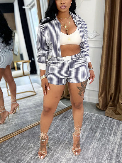 Chic Striped Cropped Shirt & Shorts Set