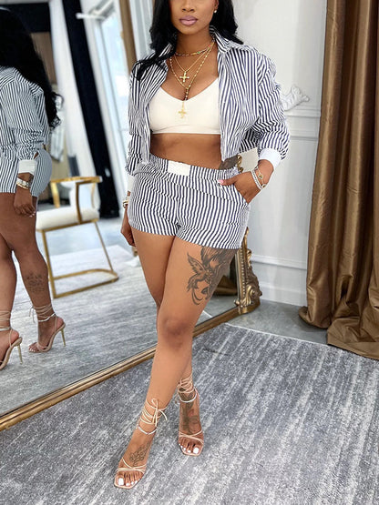 Chic Striped Cropped Shirt & Shorts Set