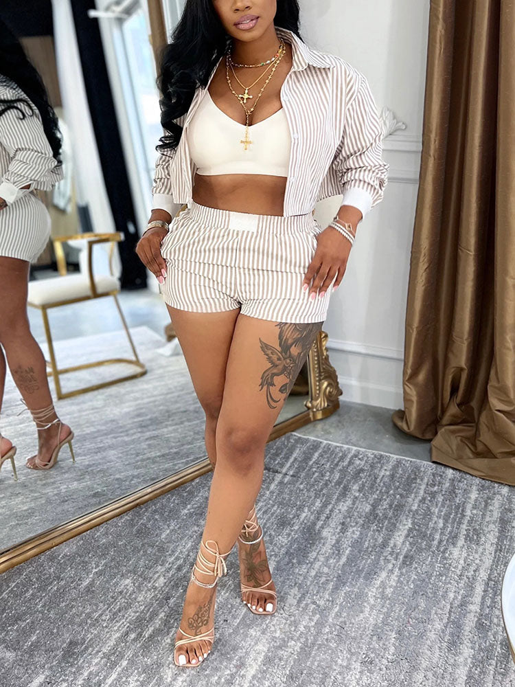 Chic Striped Cropped Shirt & Shorts Set