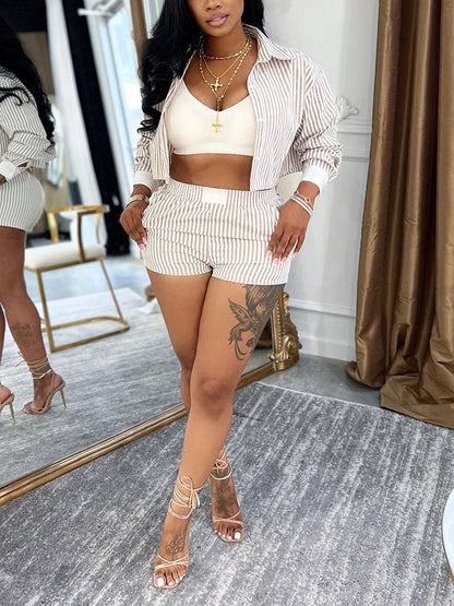 Chic Striped Cropped Shirt & Shorts Set