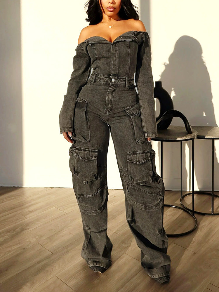 Off Shoulder Denim Cargo Jumpsuit