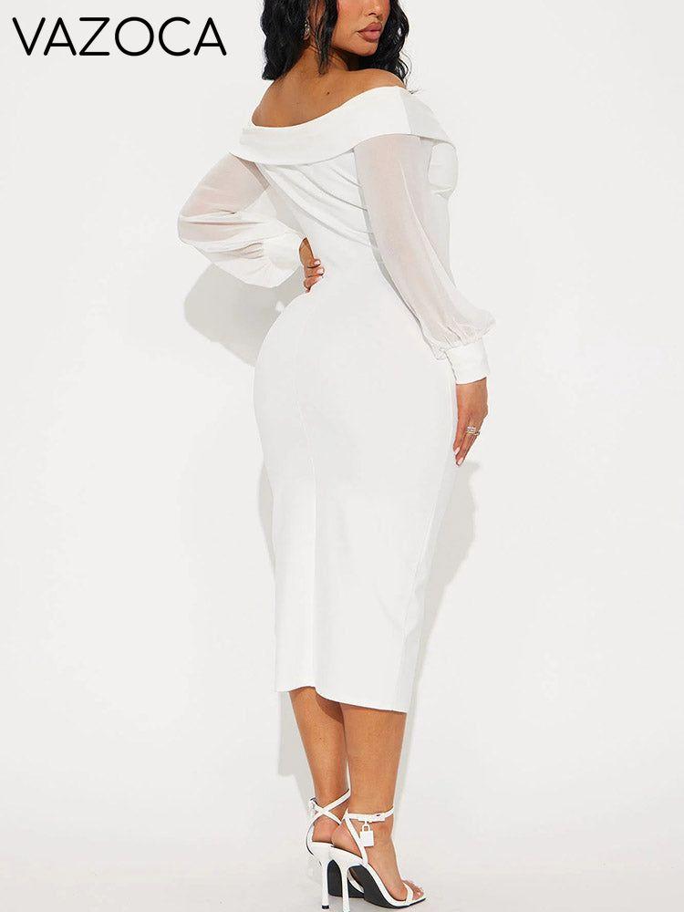 Off Shoulder Mesh Sleeve Midi Dress