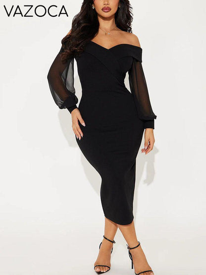 Off Shoulder Mesh Sleeve Midi Dress