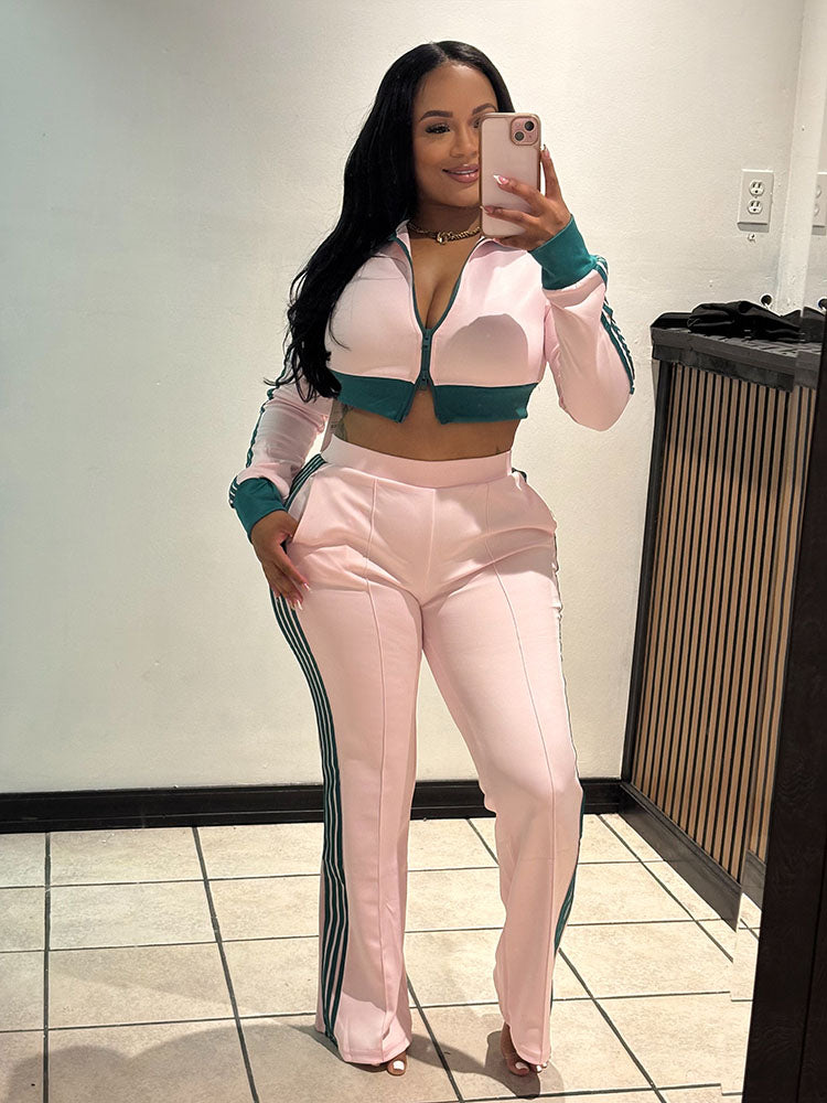 Striped Trim Zip Cropped Jacket & Pants Set