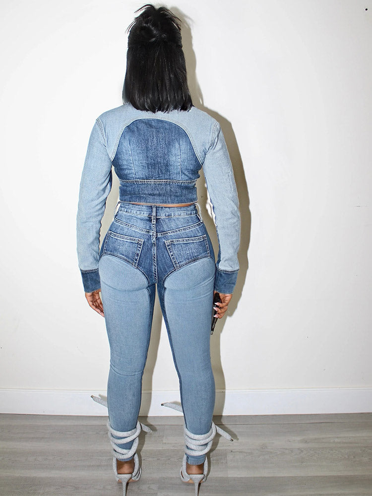 Contrast Denim Jacket & Skinny Jeans Set