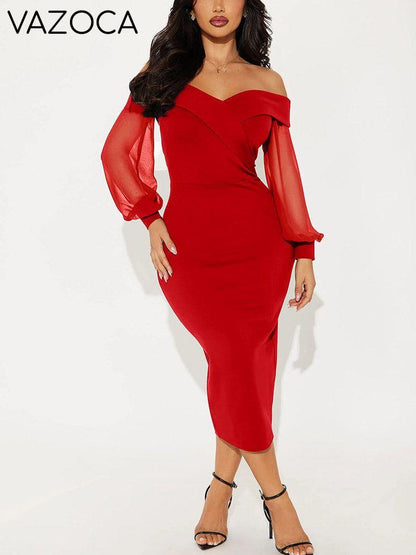 Off Shoulder Mesh Sleeve Midi Dress