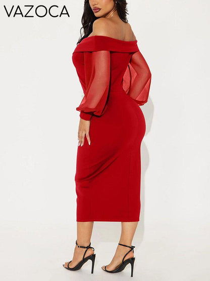 Off Shoulder Mesh Sleeve Midi Dress
