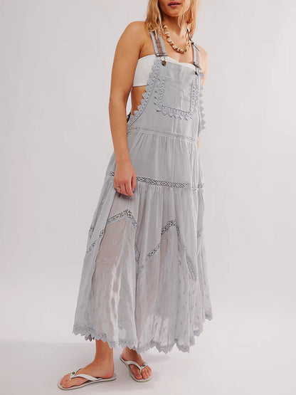 Women's Casual Denim Mesh Patchwork Suspender Dress