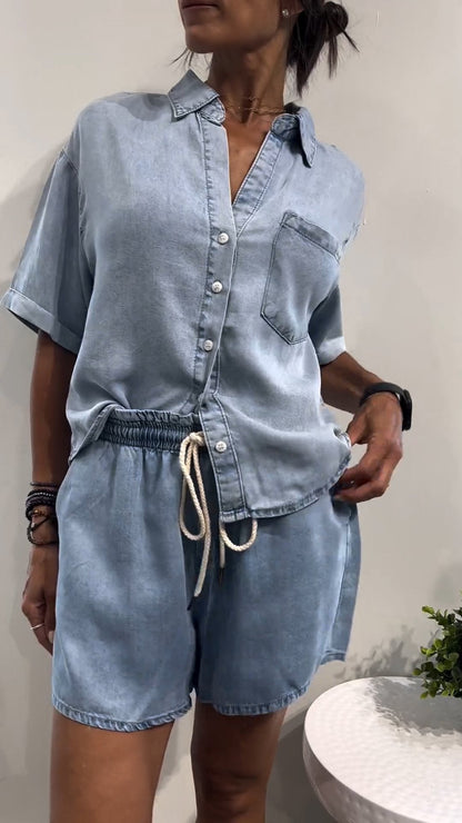 Women's Lapel Short-sleeved Denim Casual Suit