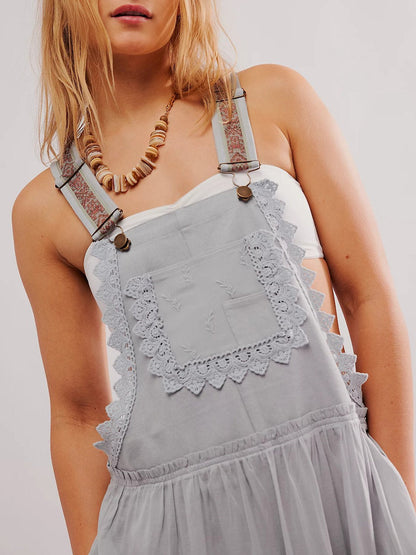 Women's Casual Denim Mesh Patchwork Suspender Dress