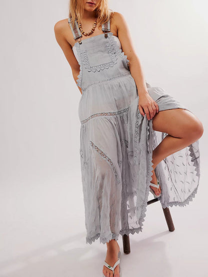 Women's Casual Denim Mesh Patchwork Suspender Dress