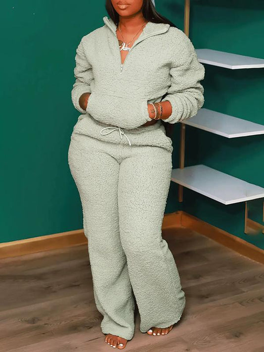 Casual Solid Color Pocket Polar Fleece Zipper Top and Pants Suit green