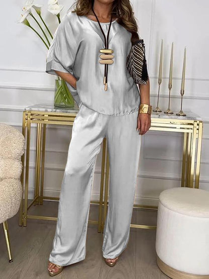 Casual Crew Neck Satin Suit white