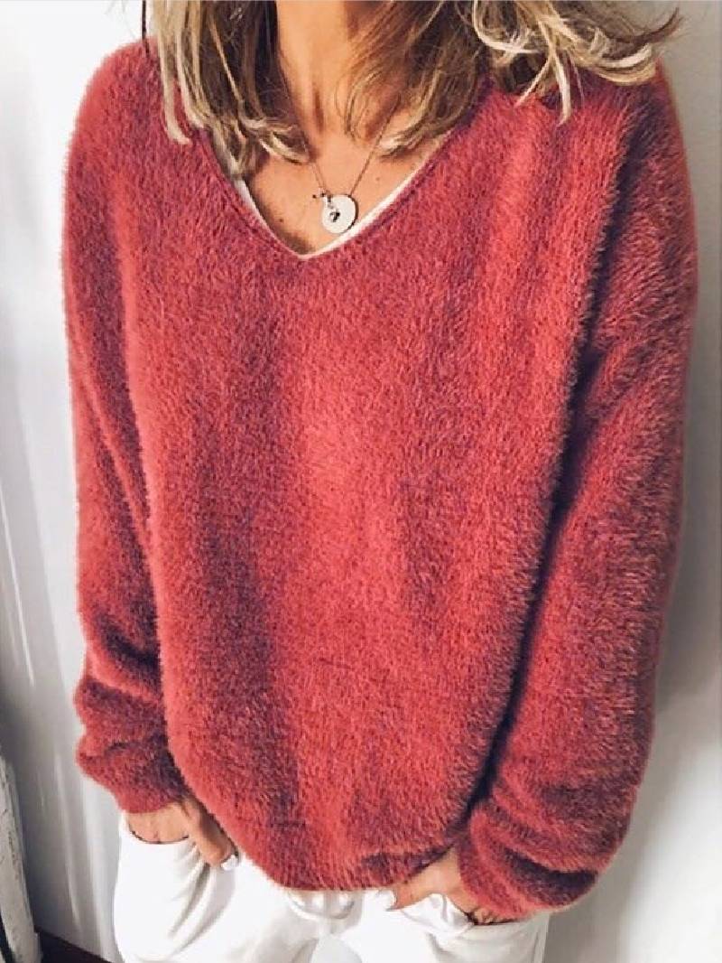 Solid Color V-neck Long-sleeved Plush Top red