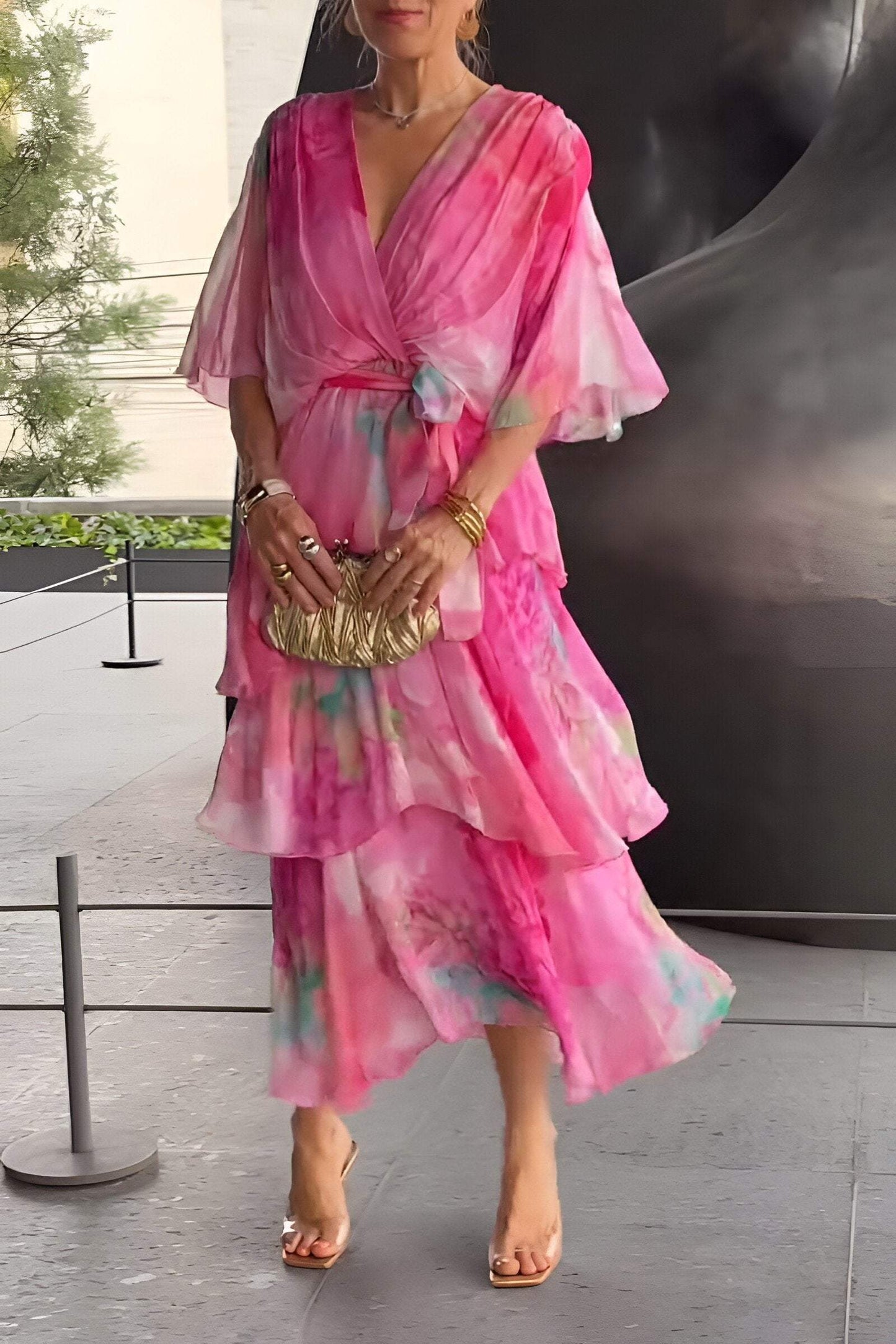 Stylish and elegant printed chiffon dress Pink