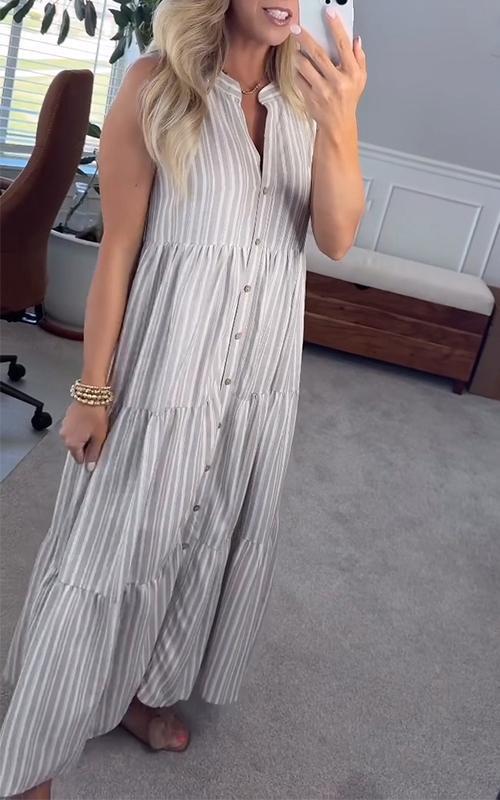 Women's V-neck Solid Color Sleeveless Striped Dress