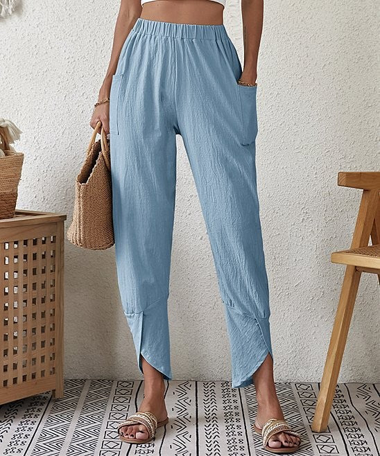 Solid Casual Loose Cotton Linen Leggings sky blue