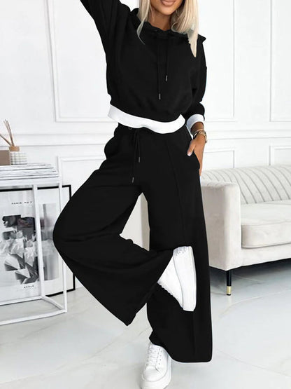 Women's Fashion Solid Color Hoodie and Wide Leg Pants two-piece set Black