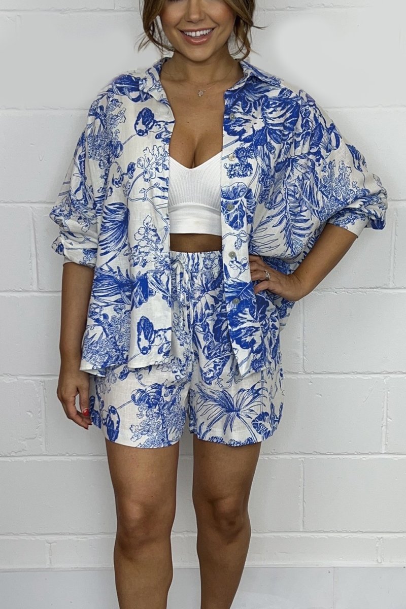 Women Cotton and linen Leaf Print Shorts Co-Ord Blue