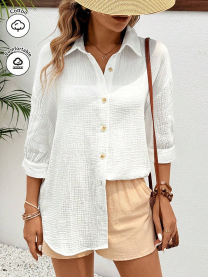 Lapel Mid-sleeve Striped Shirt white